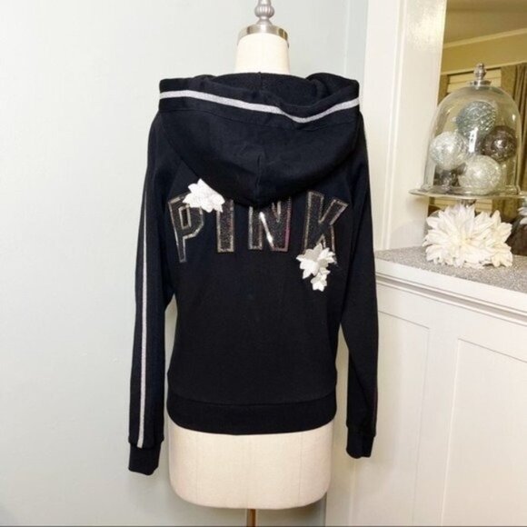 Victoria’s Secret Pink Sequin Floral Bling Zip Front Jacket Hoodie Small - Picture 7 of 13